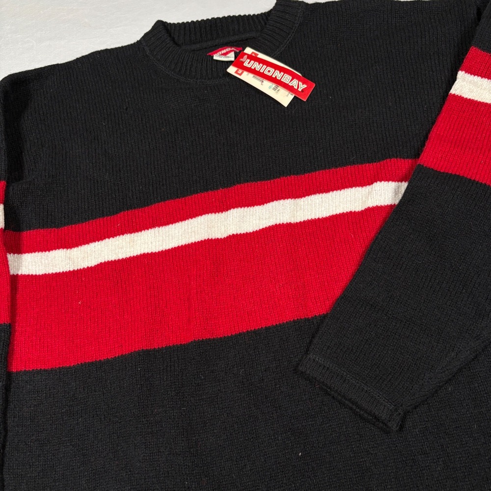 90's Unionbay Wool Sweater Mens M Crew Neck Black Red White Striped Vintage